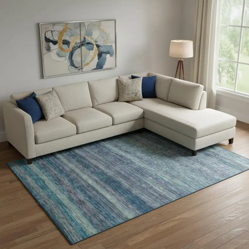 Blue Teal And Gray Striped Washable Area Rug With UV Protection Photo 2