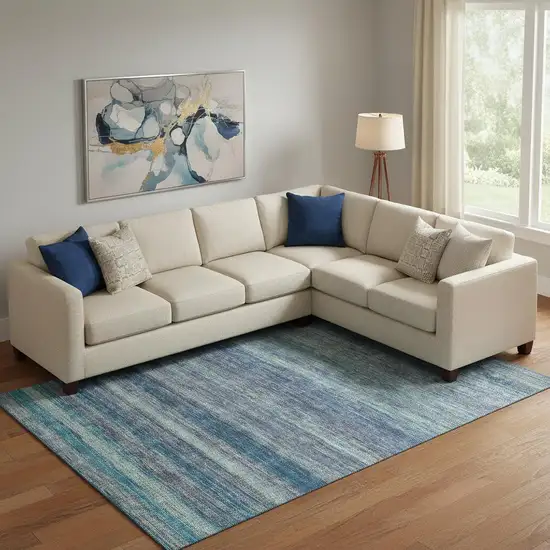 Blue Teal And Gray Striped Washable Area Rug With UV Protection Photo 2