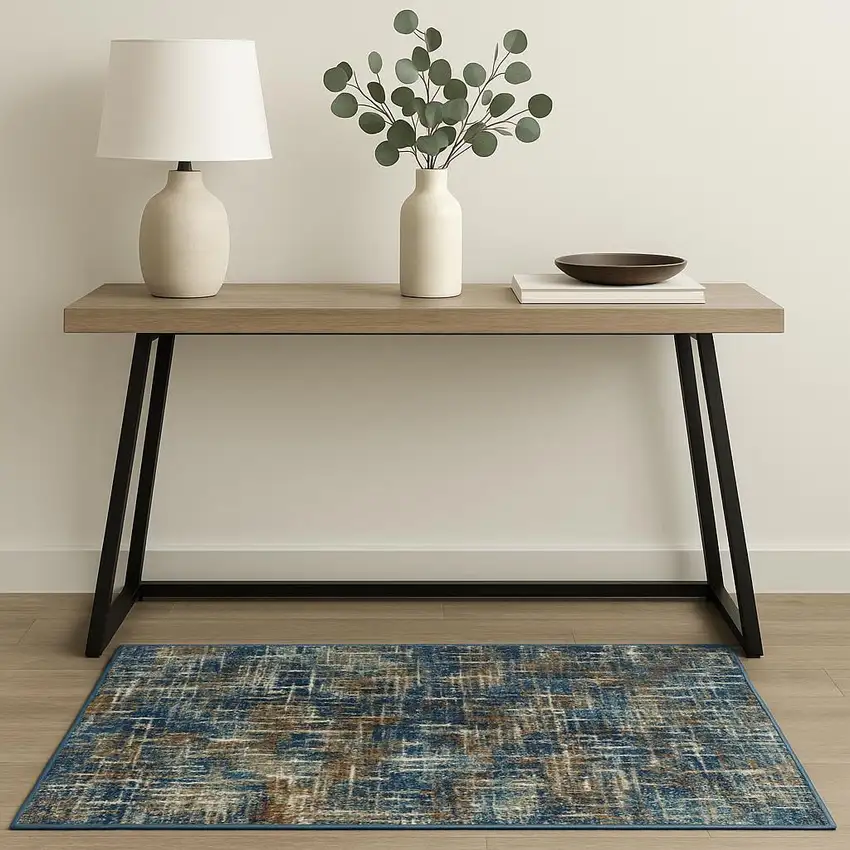 Blue Teal Gold Rust And Beige Abstract Power Loom Stain Resistant Area Rug Photo 2
