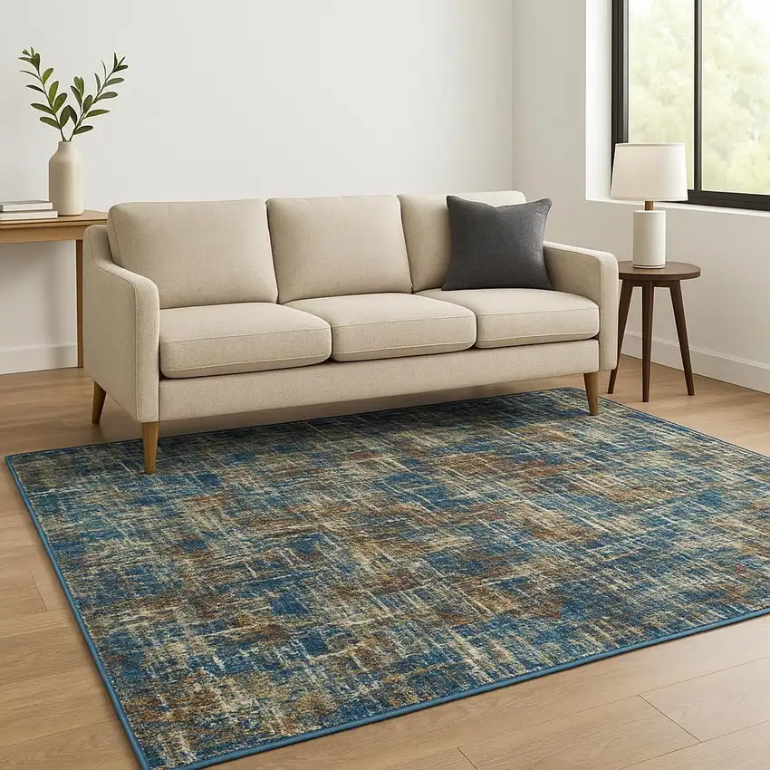 Blue Teal Gold Rust And Beige Abstract Power Loom Stain Resistant Area Rug Photo 2