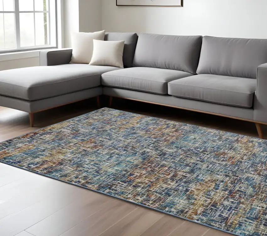 8' X 10' Blue Teal Gold Rust And Beige Abstract Power Loom Stain Resistant Area Rug Photo 1