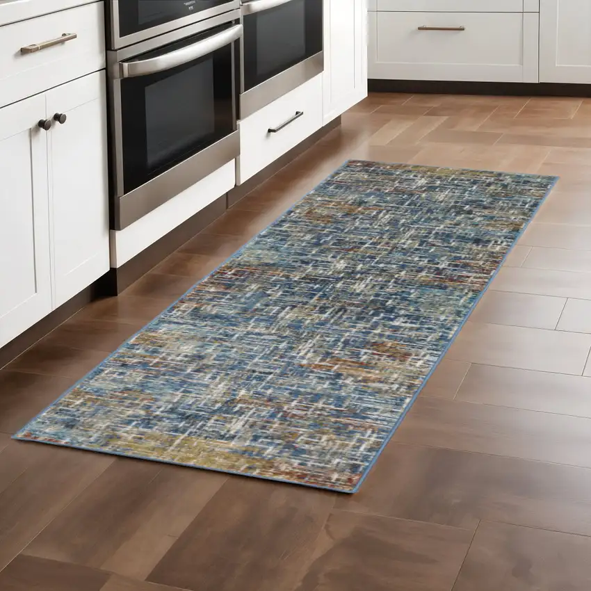 2' X 8' Blue Teal Gold Rust And Beige Abstract Power Loom Stain Resistant Runner Rug Photo 1