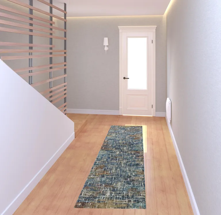 Blue Teal Gold Rust And Beige Abstract Power Loom Stain Resistant Runner Rug Photo 3