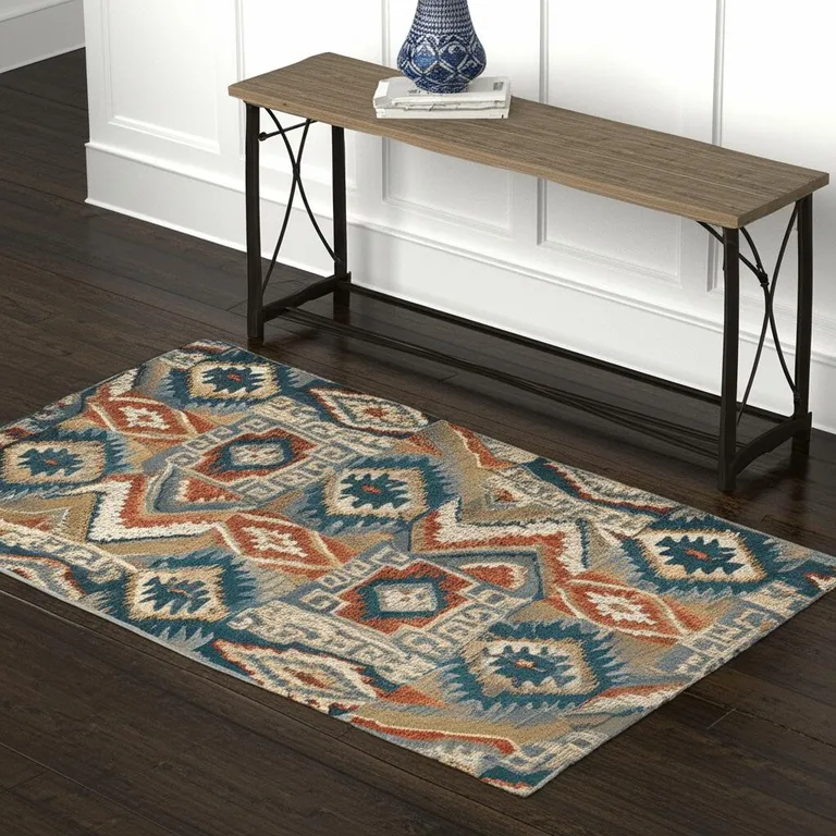 Blue Teal Grey Orange Gold Ivory And Rust Geometric Power Loom Stain Resistant Area Rug Photo 5