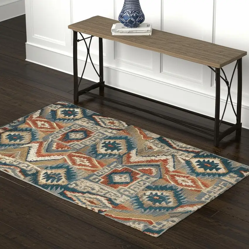 Blue Teal Grey Orange Gold Ivory And Rust Geometric Power Loom Stain Resistant Area Rug Photo 1