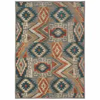 Photo of Blue Teal Grey Orange Gold Ivory And Rust Geometric Power Loom Stain Resistant Area Rug
