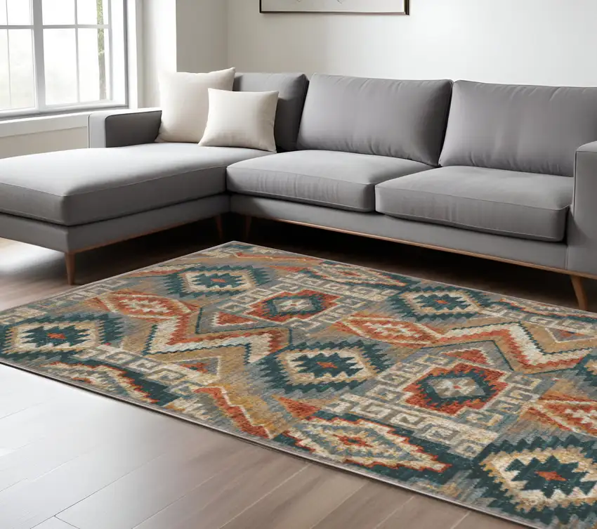 Blue and Ivory Geometric Power Loom Area Rug Photo 1