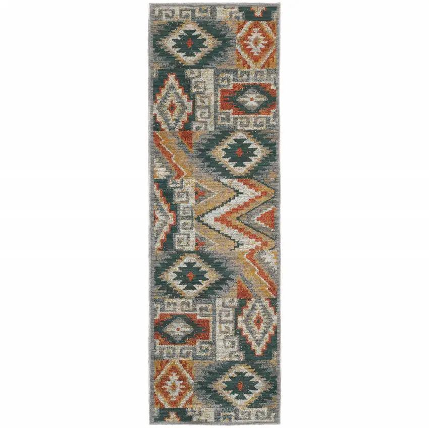 Blue Teal Grey Orange Gold Ivory And Rust Geometric Power Loom Stain Resistant Runner Rug Photo 1