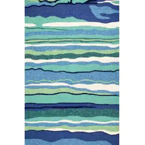 Photo of Blue Teal Hand Hooked UV Treated Abstract Waves Indoor Outdoor Accent Rug