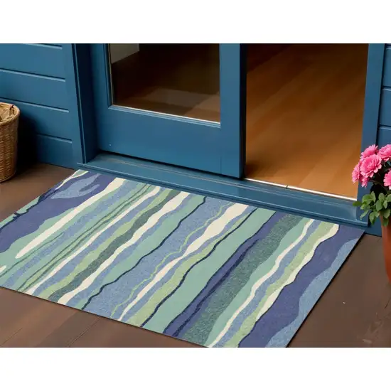 Blue and Ivory Abstract Handmade Indoor Outdoor Area Rug Photo 1