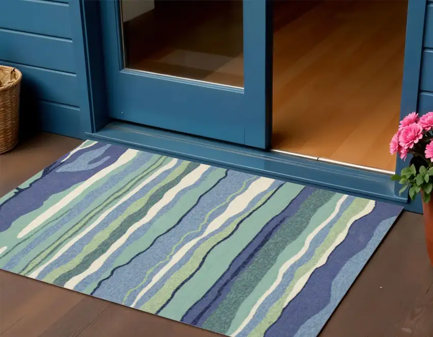 Blue and Ivory Abstract Handmade Indoor Outdoor Area Rug Photo 1