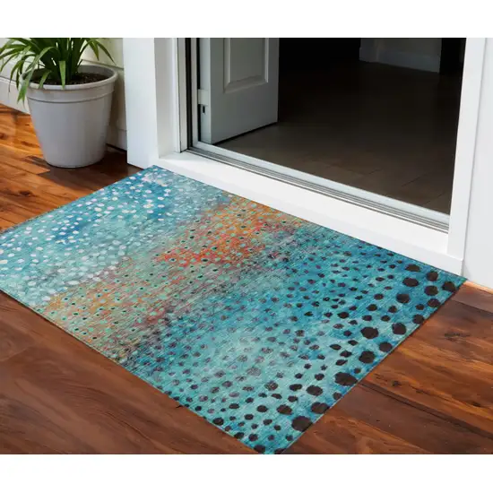 Blue Terra Cotta And Black Abstract Washable Indoor Outdoor Area Rug Photo 1