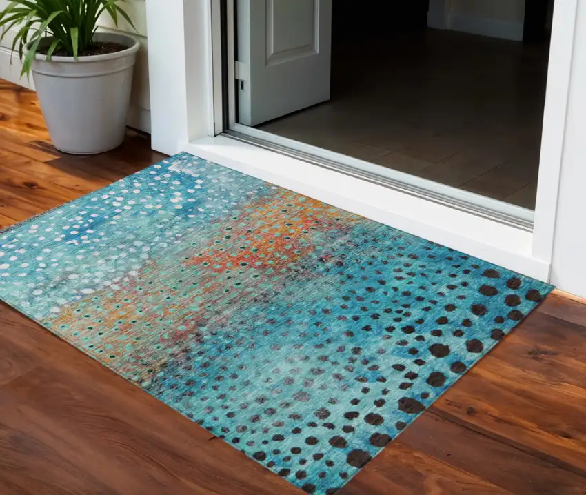 Blue Terra Cotta And Black Abstract Washable Indoor Outdoor Area Rug Photo 1