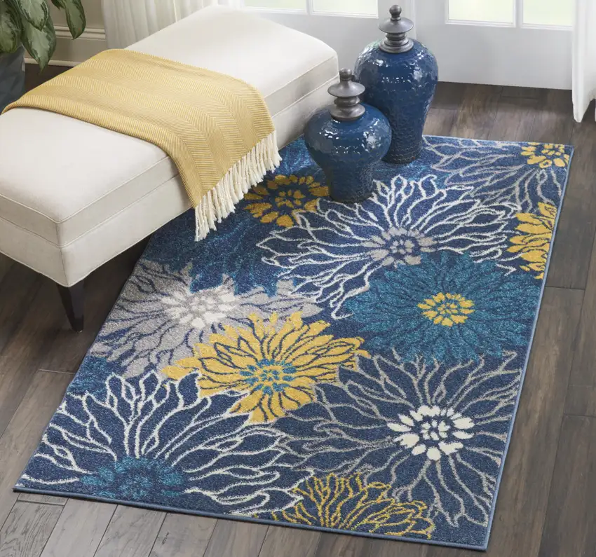 Blue And Gold Floral Area Rug Photo 9