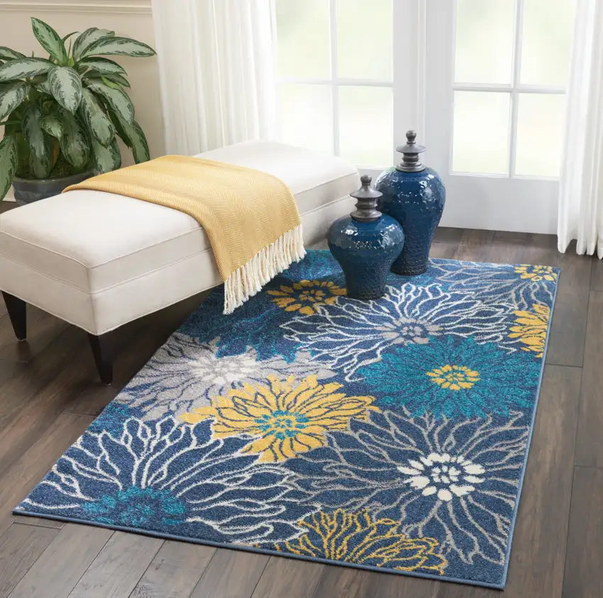 Blue And Gold Floral Area Rug Photo 5