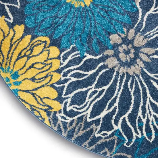 4' Blue And Gold Floral Round Rug Photo 9