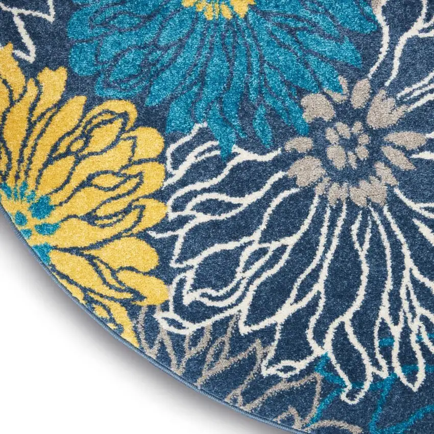 4' Blue And Gold Floral Round Rug Photo 9