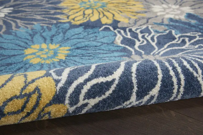 4' Blue And Gold Floral Round Rug Photo 8