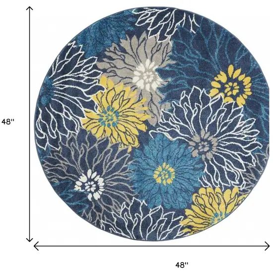 4' Blue And Gold Floral Round Rug Photo 8