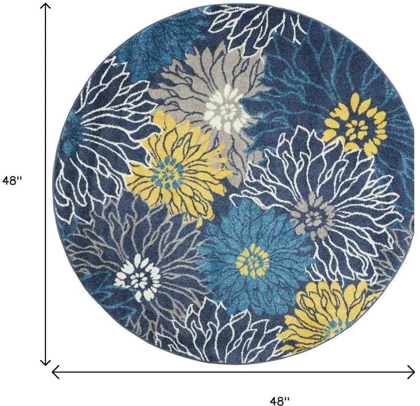 4' Blue And Gold Floral Round Rug Photo 8
