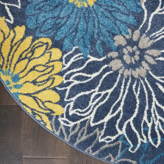 4' Blue And Gold Floral Round Rug Photo 9