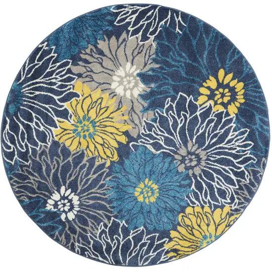 4' Blue And Gold Floral Round Rug Photo 4