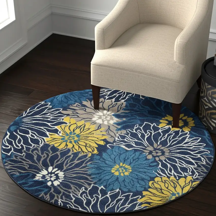 4' Blue And Gold Floral Round Rug Photo 2