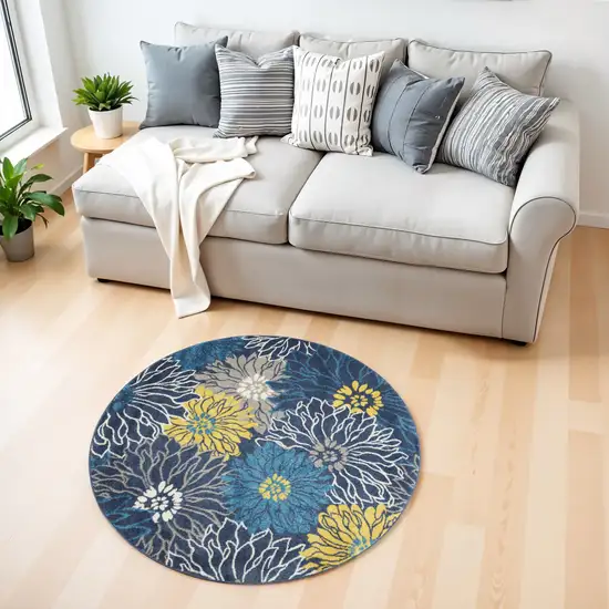 4' Blue And Gold Floral Round Rug Photo 2