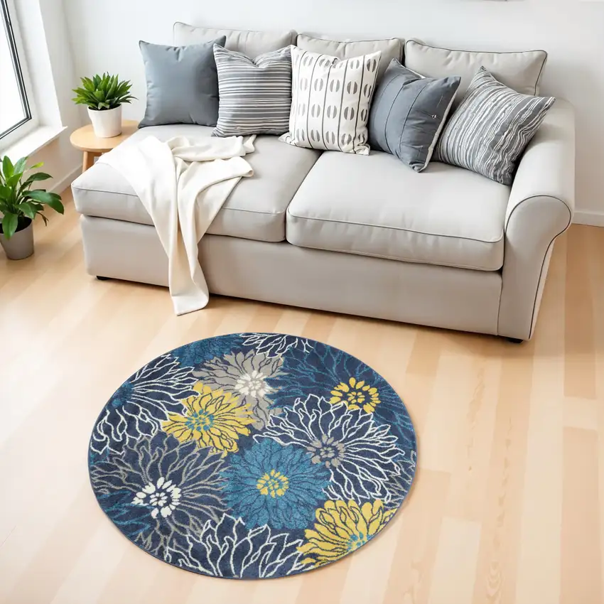 4' Blue And Gold Floral Round Rug Photo 2