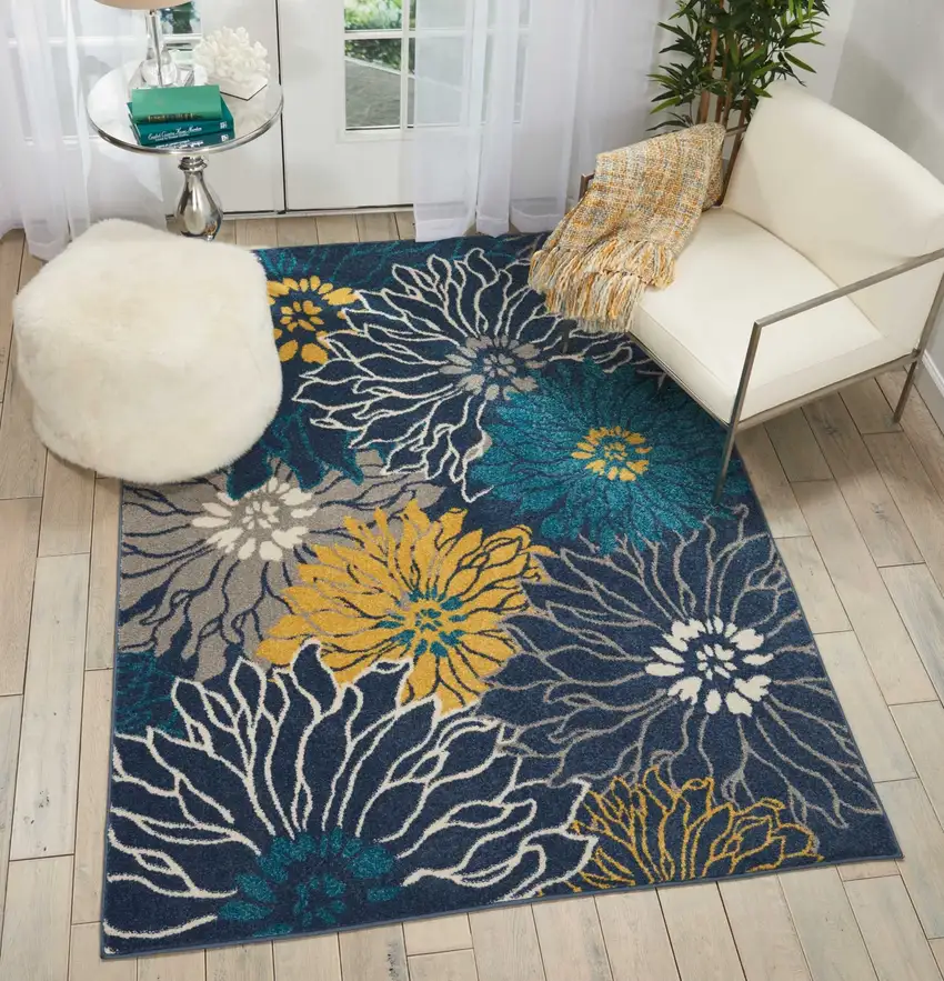Blue Tropical Flower Area Rug Photo 4