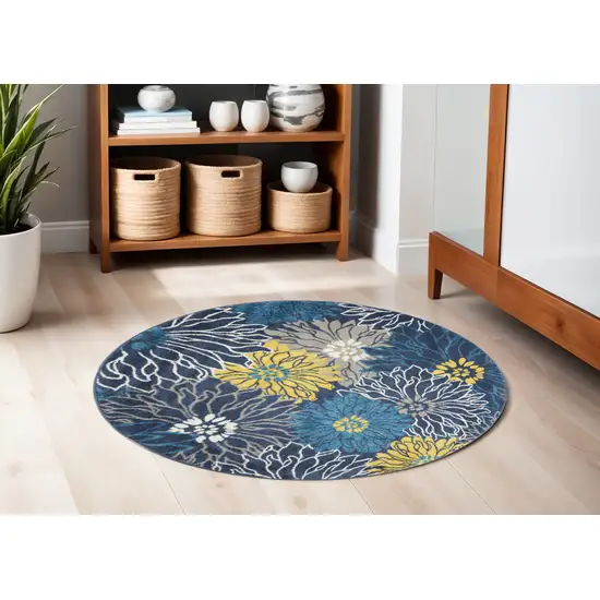 5' Blue And Gold Floral Round Rug Photo 2