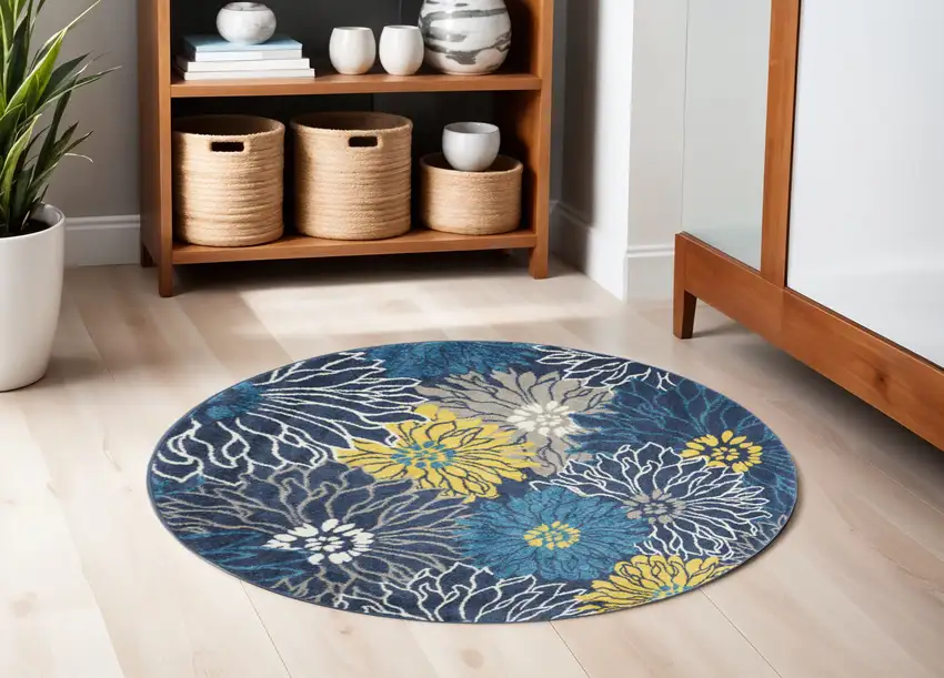 5' Blue And Gold Floral Round Rug Photo 2