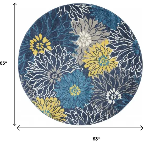 5' Blue And Gold Floral Round Rug Photo 6