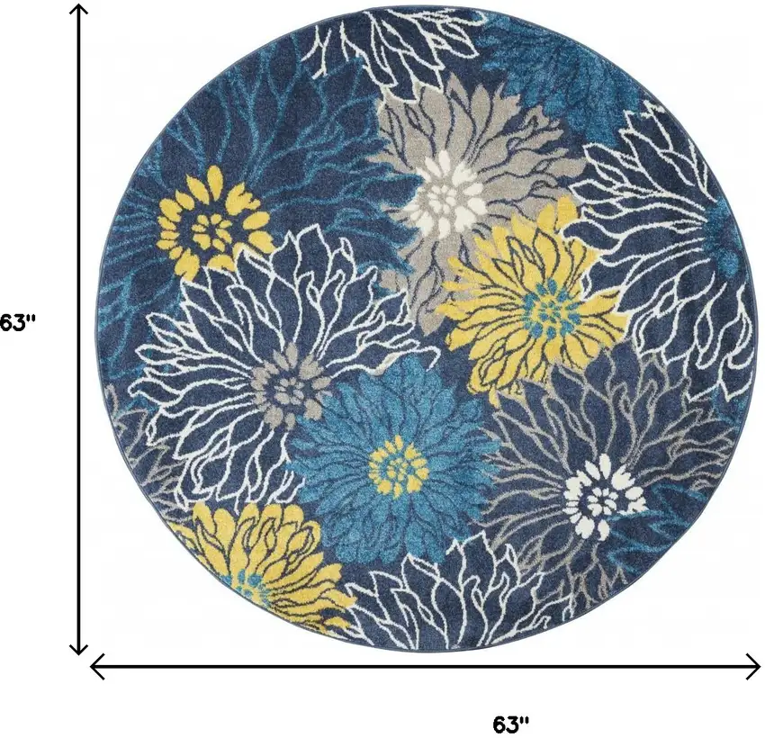 5' Blue And Gold Floral Round Rug Photo 6