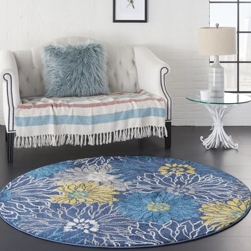 5' Blue And Gold Floral Round Rug Photo 5
