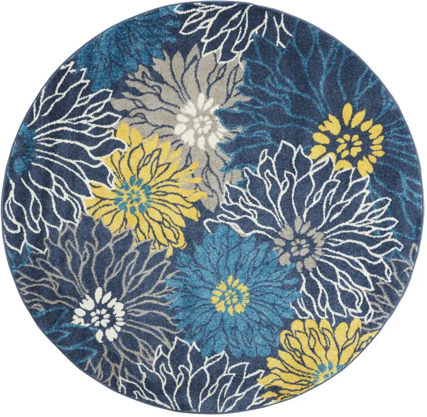 5' Blue And Gold Floral Round Rug Photo 4