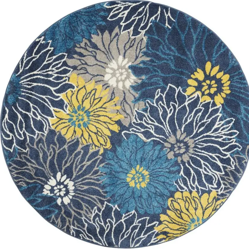 5' Blue And Gold Floral Round Rug Photo 3