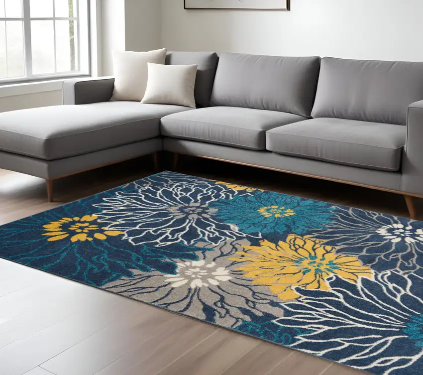 Blue And Gold Floral Area Rug Photo 2
