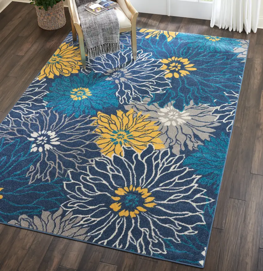 Blue And Gold Floral Area Rug Photo 9
