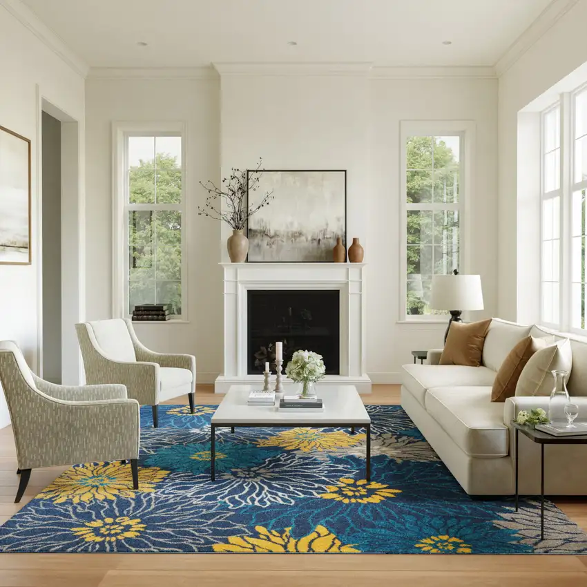 Blue And Gold Floral Area Rug Photo 5