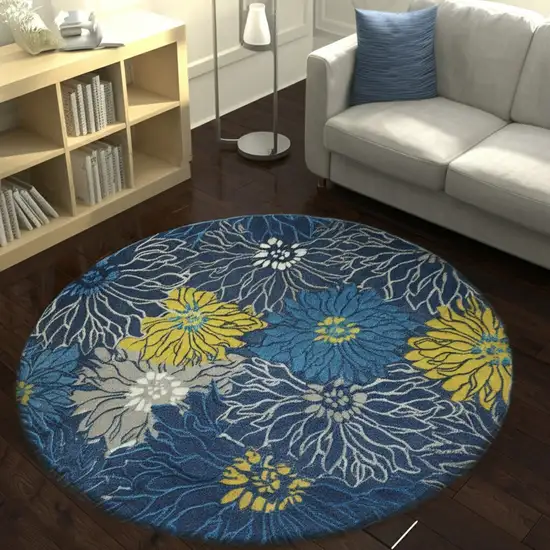 8' Blue And Gold Floral Round Rug Photo 2