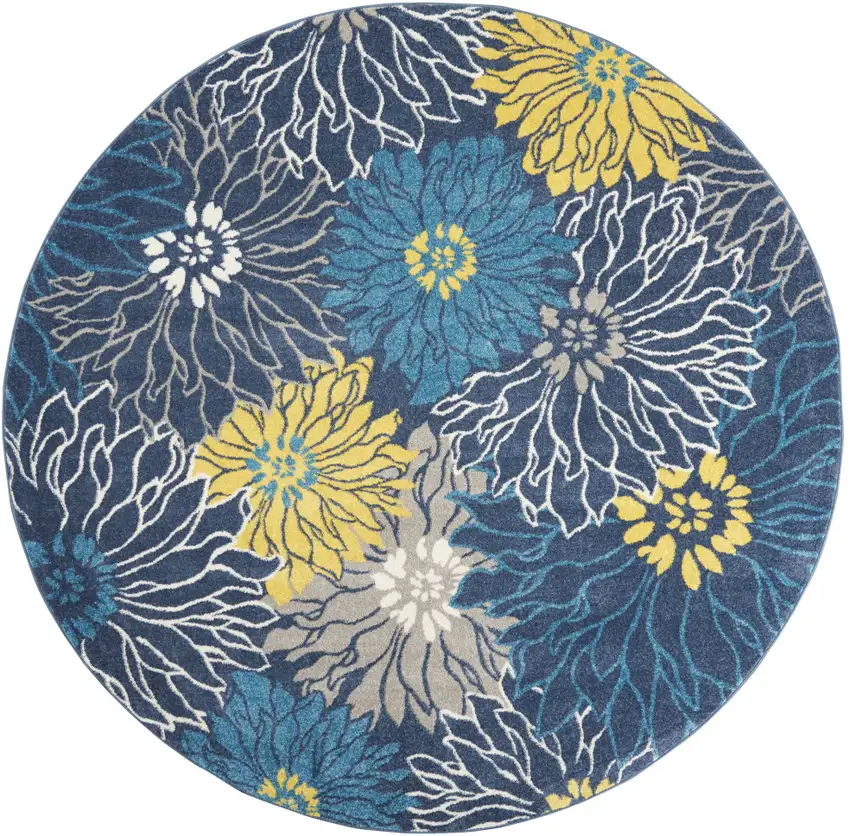 8' Blue And Gold Floral Round Rug Photo 1