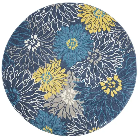 8' Blue And Gold Floral Round Rug Photo 9