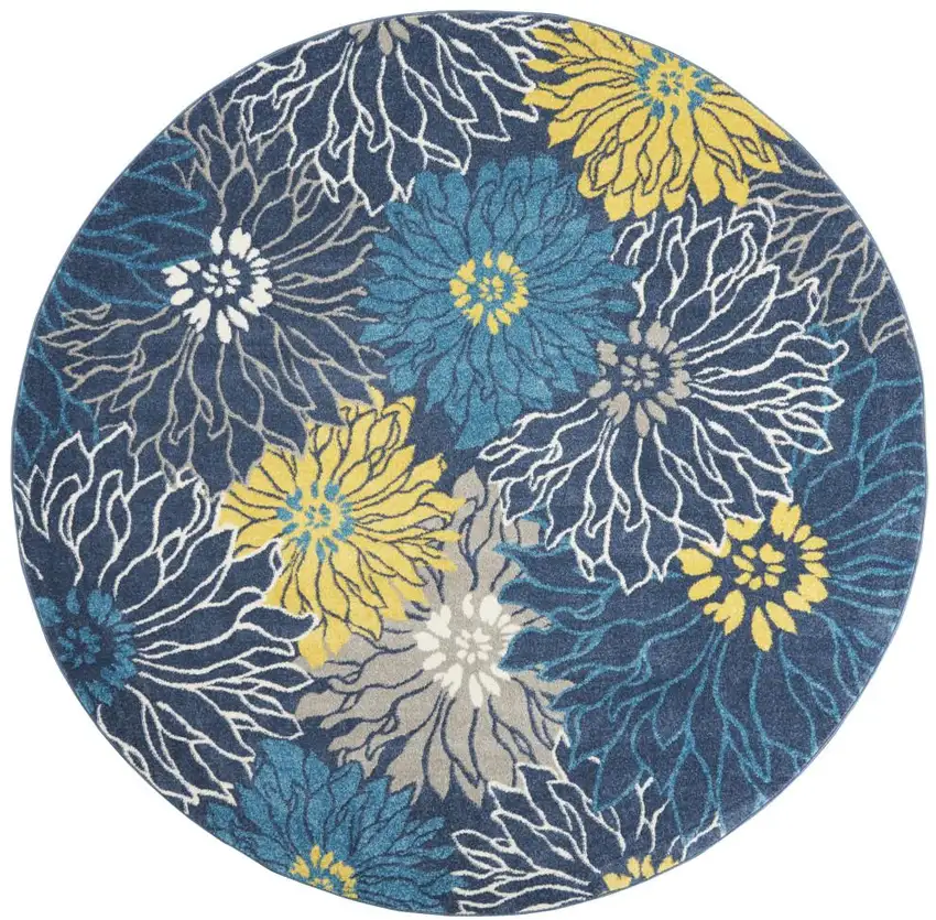 8' Blue And Gold Floral Round Rug Photo 9