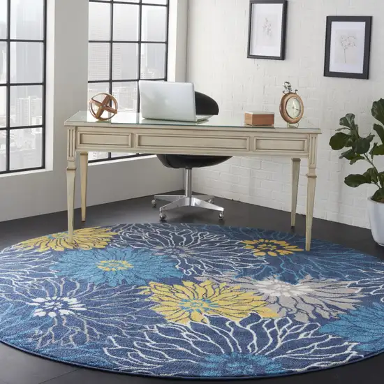 8' Blue And Gold Floral Round Rug Photo 4
