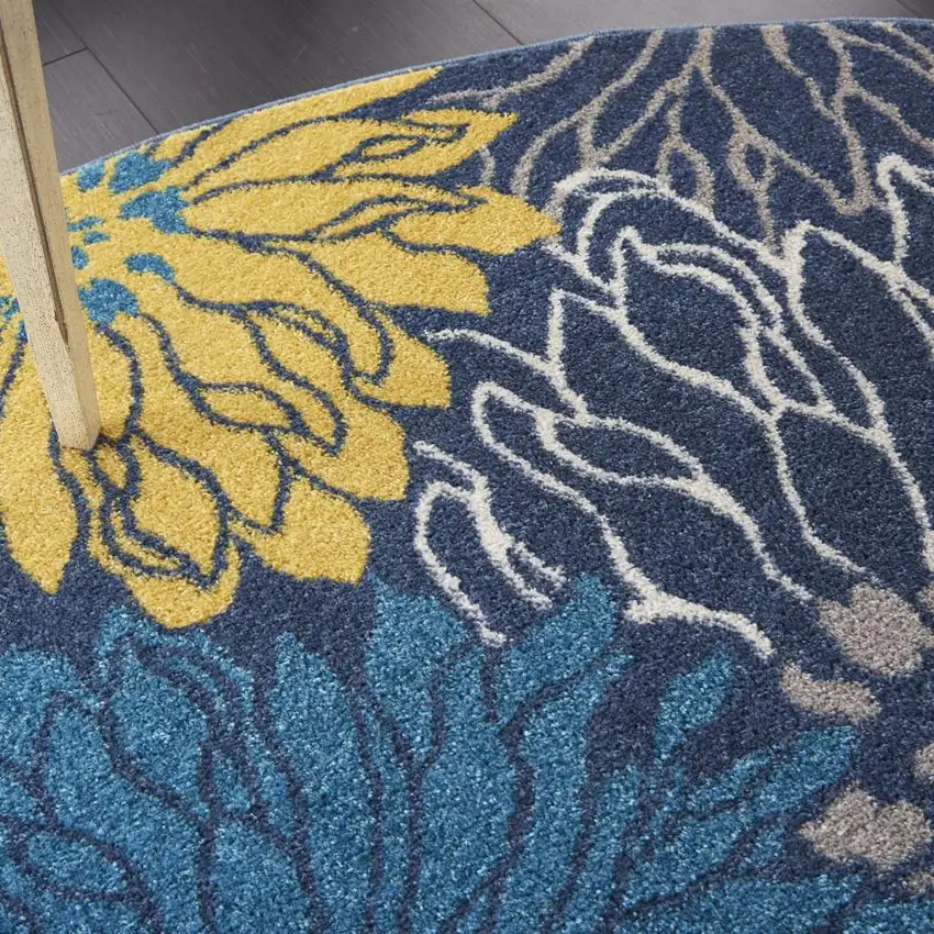 8' Blue And Gold Floral Round Rug Photo 8