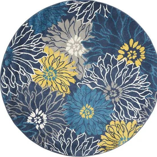 8' Blue And Gold Floral Round Rug Photo 7