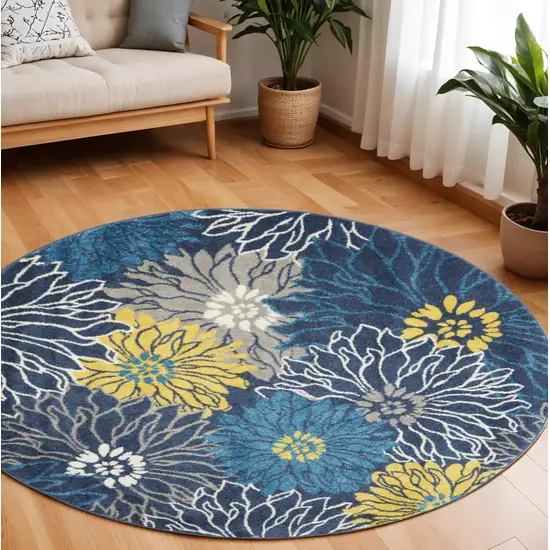 8' Blue And Gold Floral Round Rug Photo 2