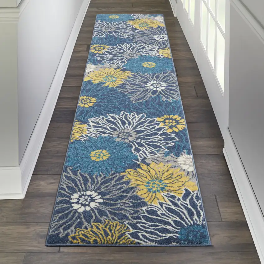 10' Blue And Gold Floral Runner Rug Photo 5