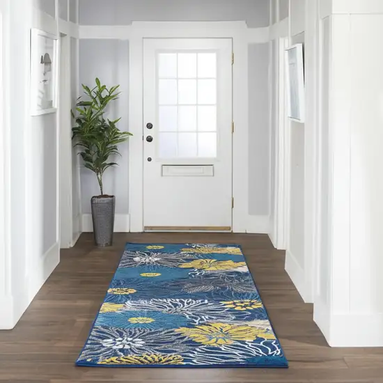 10' Blue And Gold Floral Runner Rug Photo 1